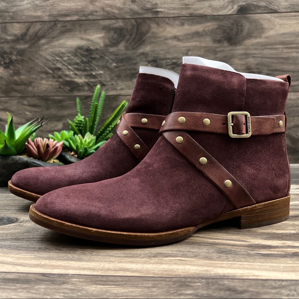 NIB Kork Ease Kenai Studded Ankle Boots Bootie Burgundy Suede Buckle Strap 8M - Picture 4 of 12